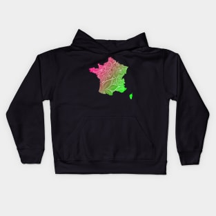 Colorful mandala art map of France with text in pink and green Kids Hoodie